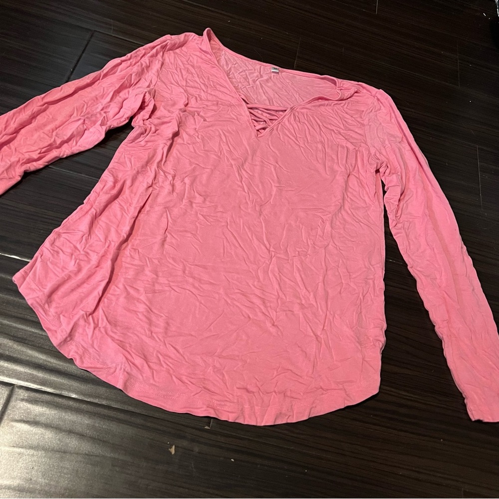 Pink Long Sleeve Deep V Criss Cross Plunge Casual Soft Stretch Shirt Top Medium